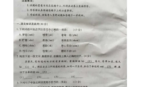 重庆市2015年中考语文真题试题（A卷，扫描版，含答案）_中考真题_1.语文中考真题2015-2024年_2015年全国中考语文154份_2015年全国中考154份