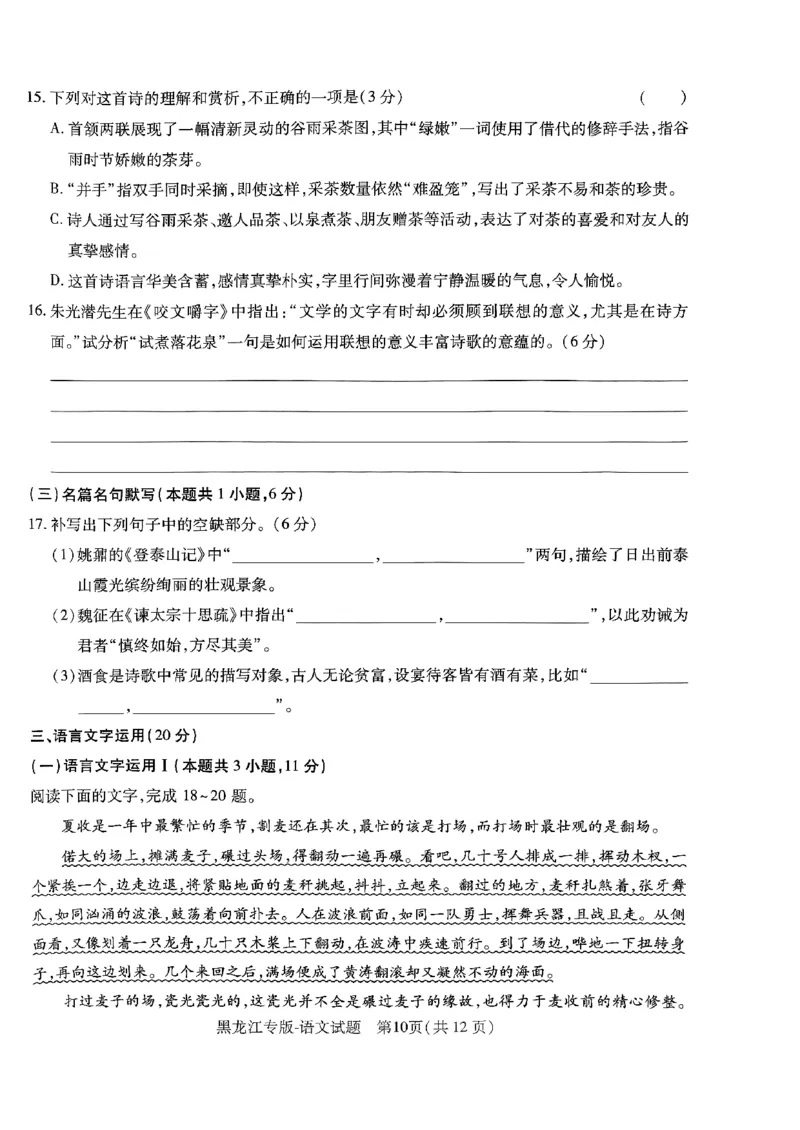 2024王后雄黑龙江专版&mdash;&mdash;语文_2024高考押题卷_22024王hou雄_（新高考）2024王后雄押题预测卷（分科版）_1.语文