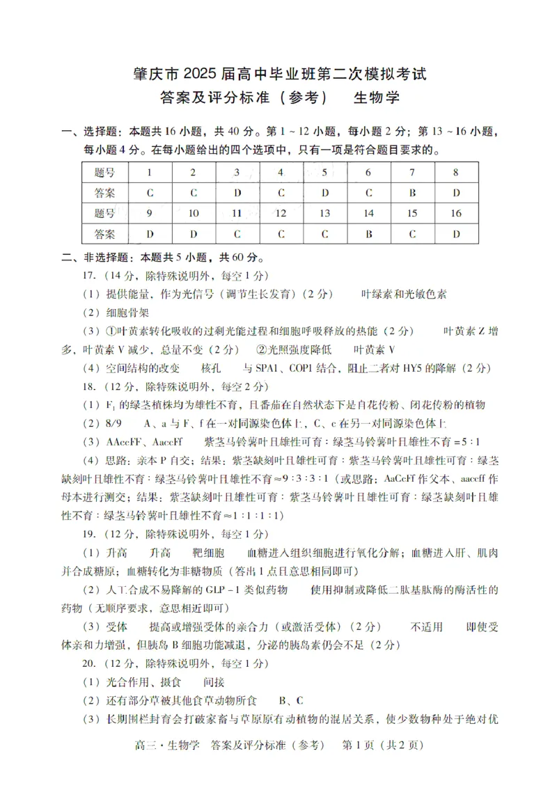 广东省肇庆市肇庆暨汕尾2025届高中毕业班第二次模拟考试期末考-生物试卷+答案_2025年1月_250118广东省肇庆市2025届高中毕业班第二次模拟考试暨汕尾期末考（全科）