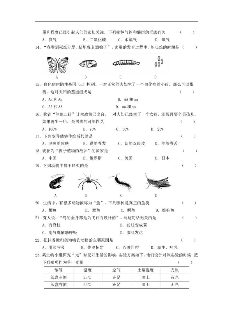 黑龙江省龙东地区2015年中考生物真题试题（含答案）_中考真题_8.生物中考真题2015-2024年_2015年全国中考生物74份