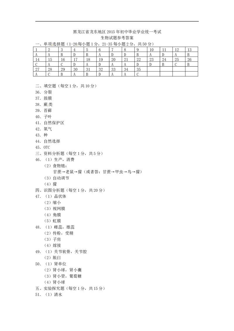 黑龙江省龙东地区2015年中考生物真题试题（含答案）_中考真题_8.生物中考真题2015-2024年_2015年全国中考生物74份