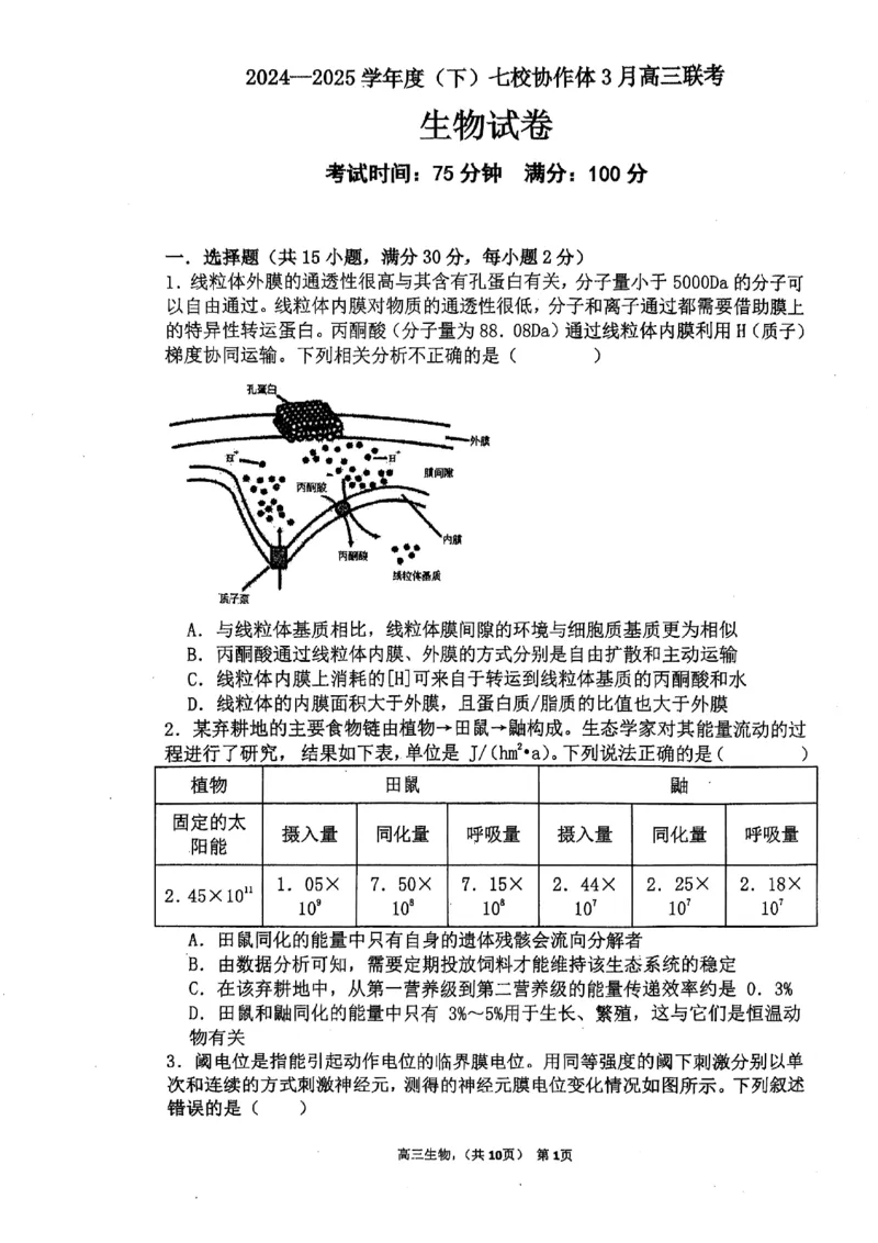 辽宁省七校协作体2024-2025学年度（下）3月高三联考生物_2025年3月_250309辽宁省七校协作体2024-2025学年度（下）3月高三联考（全科）