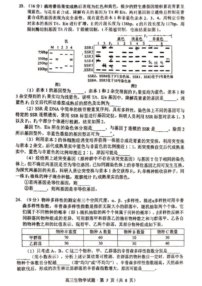 山东省淄博市2025届高三下学期3月模拟考试（淄博一模）生物_2025年3月_250309山东省淄博市、滨州市2025届高三下学期3月第一次模拟考试（全科）