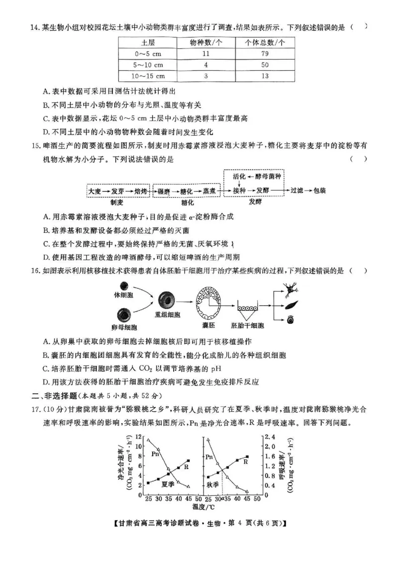 甘肃省2025届高三上学期12月高考诊断生物+答案_2025年1月_250103甘肃省2025届高三上学期12月高考诊断（全科）