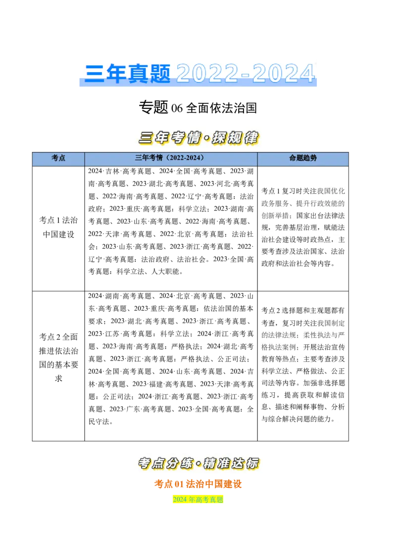专题06全面依法治国-三年（2022-2024）高考政治真题分类汇编（教师卷）_近10年高考真题汇编（必刷）_十年（2014-2024）高考政治真题分项汇编（全国通用）