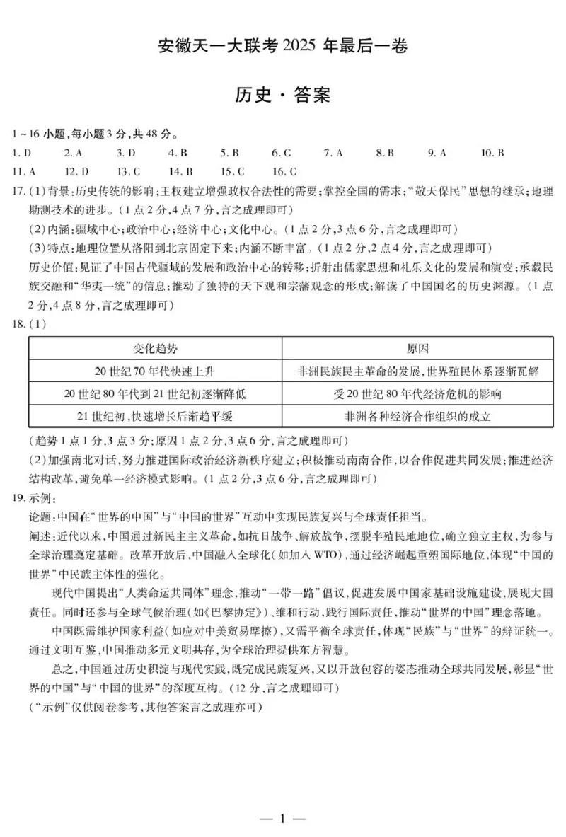 安徽省天一大联考2025届高三最后一卷历史试题_2025年5月_2505262025届安徽省天一大联考高三下学期最后一卷（全科）_2025届安徽省天一大联考高三下学期最后一卷历史