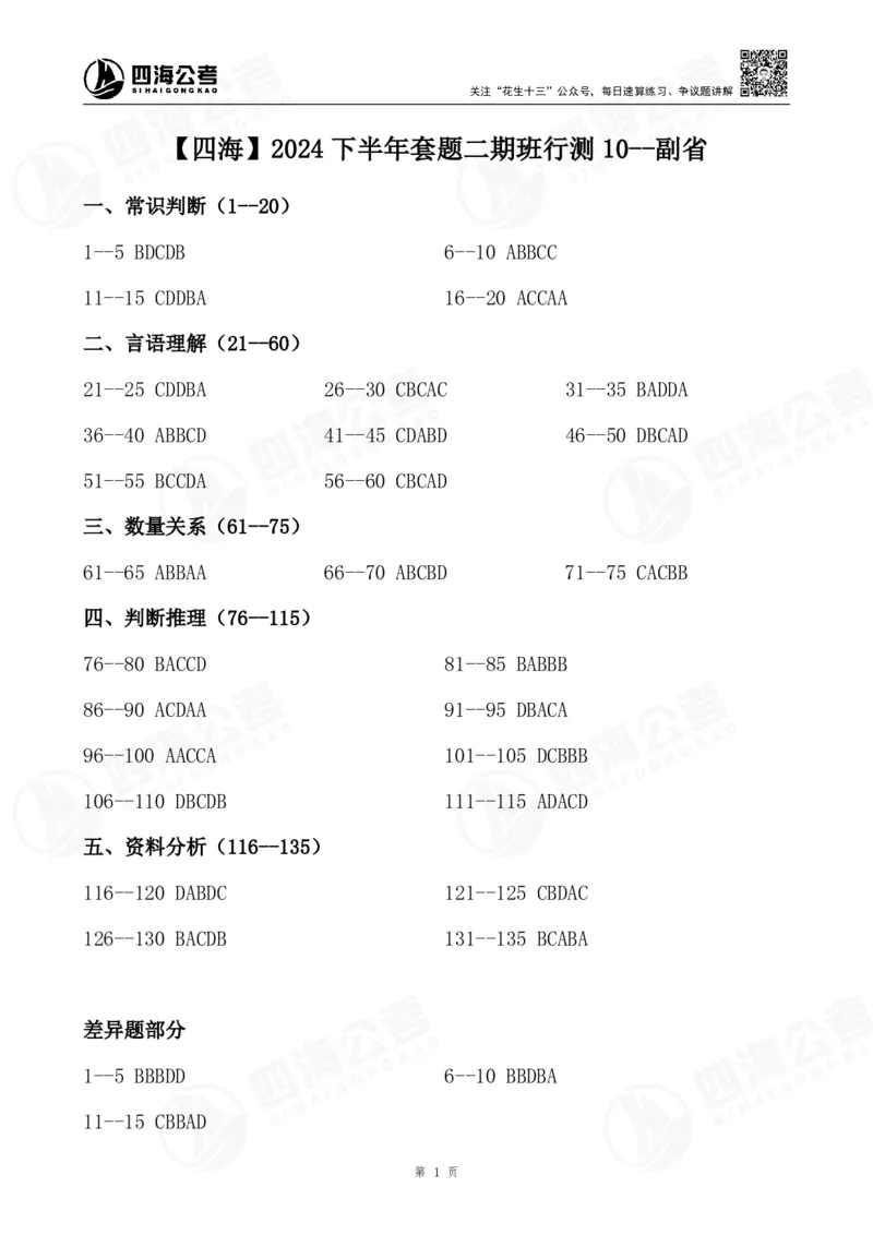 四海24下套题二期答案--行测10（副省）_2026考公资料_花生十三合集_套题班2025花生行测+飞扬申论套题⭐⭐_行测套题2025花生十三国考套卷班二期_答案+常识解析+复盘表