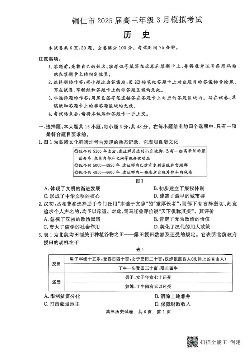 铜仁市2025届高三年级3月模拟考试历史铜仁市2025届高三年级3月模拟考试历史_2025年3月_250325贵州省铜仁市2025届高三下学期3月模拟考试
