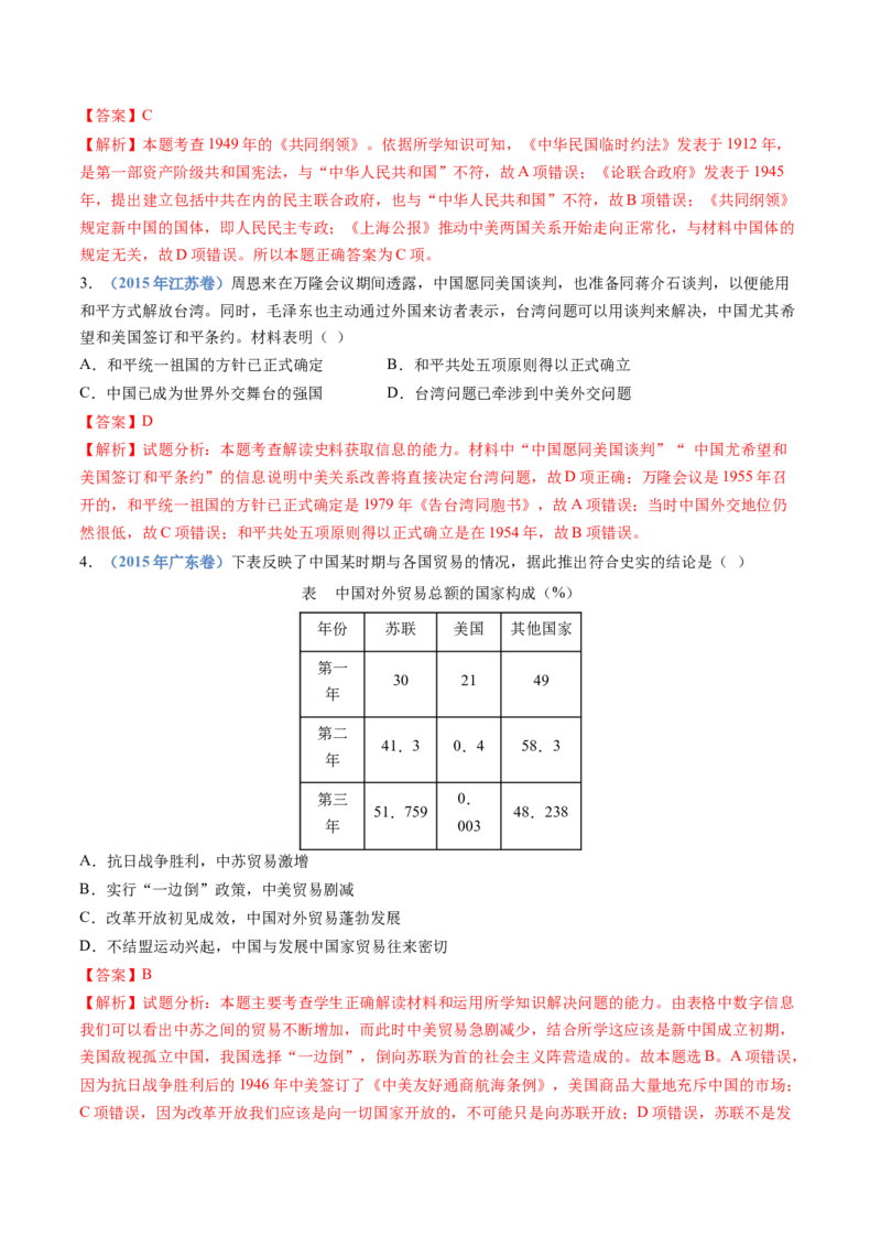 专题09中华人民共和国成立和社会主义革命与建设（教师卷）_近10年高考真题汇编（必刷）_十年（2014-2024）高考历史真题分项汇编（全国通用）