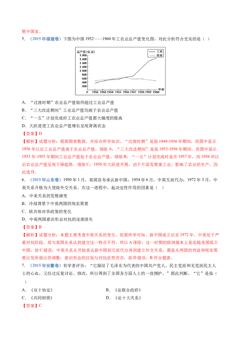 专题09中华人民共和国成立和社会主义革命与建设（教师卷）_近10年高考真题汇编（必刷）_十年（2014-2024）高考历史真题分项汇编（全国通用）