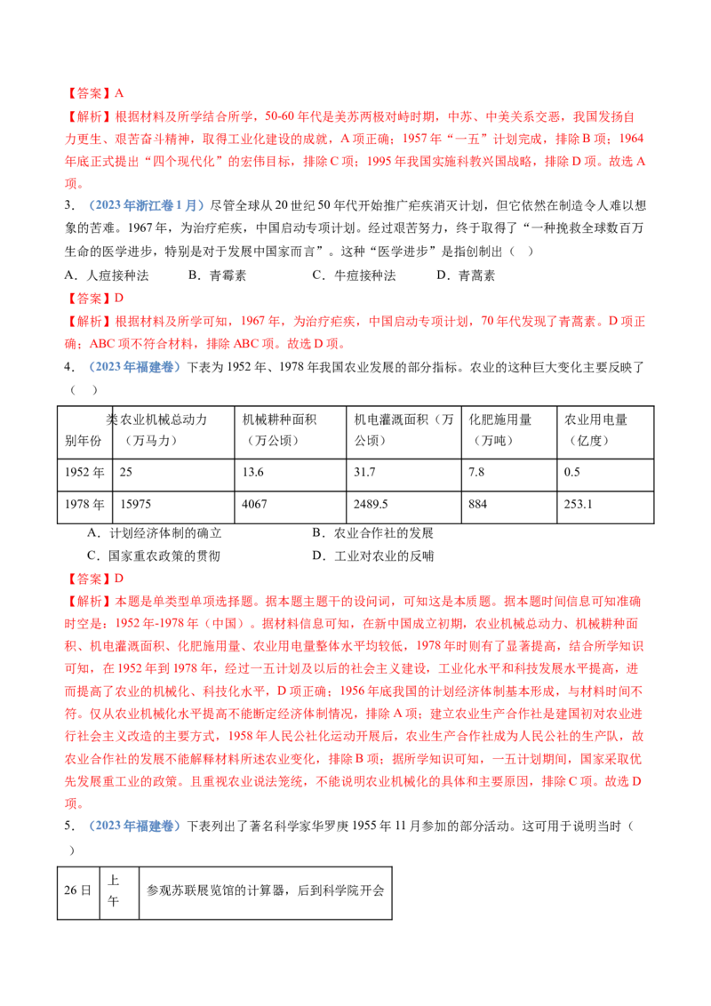专题09中华人民共和国成立和社会主义革命与建设（教师卷）_近10年高考真题汇编（必刷）_十年（2014-2024）高考历史真题分项汇编（全国通用）