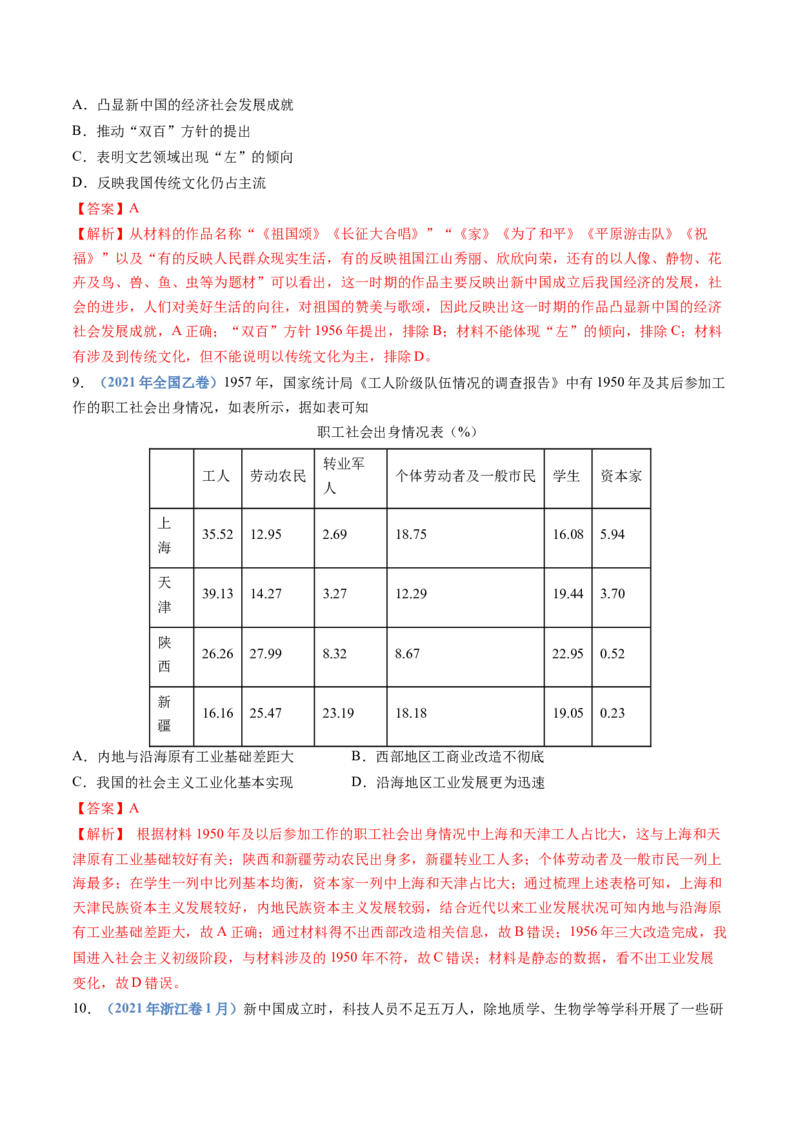 专题09中华人民共和国成立和社会主义革命与建设（教师卷）_近10年高考真题汇编（必刷）_十年（2014-2024）高考历史真题分项汇编（全国通用）