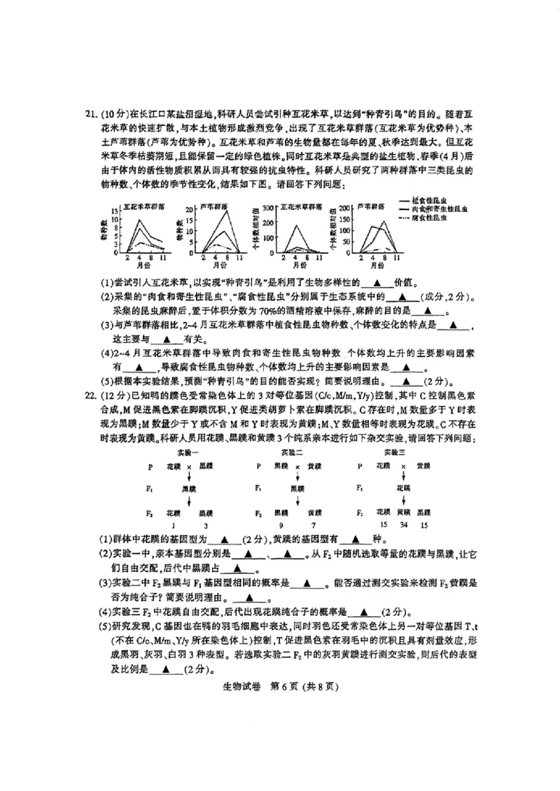 生物_2025年3月_2503212025届江苏苏北七市高三第二次调研（南通市、宿迁、连云港、泰州、扬州、徐州、淮安）（全科）_2025届江苏苏北七市高三第二次调研生物