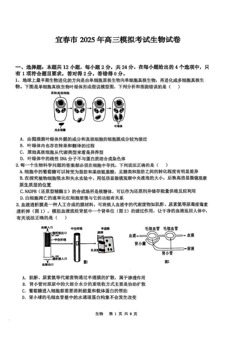 江西省宜春市2025届高三下学期4月模拟考试生物试卷（有答案）_2025年4月_250422江西省宜春市2025届高三下学期4月模拟考试（二模）（全科）
