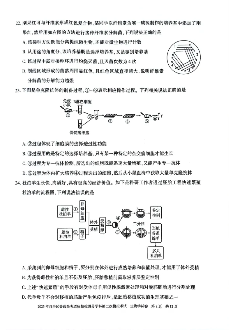 新疆维吾尔自治区2025届普通高考适应性检测分学科第二次模拟考试生物_2025年1月_250113新疆维吾尔自治区2025届普通高考适应性检测分学科第二次模拟考试（全科）