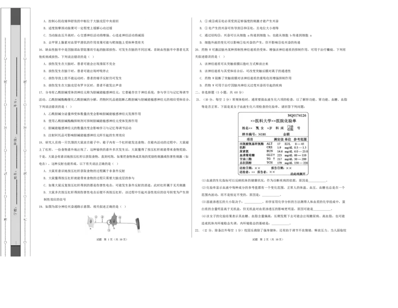 高二生物第一次月考卷测试范围：浙科版2019选择性必修1第1章~第2章（考试版A3）_1多考区联考试卷_2510142025-2026学年高二生物上学期第一次月考试题