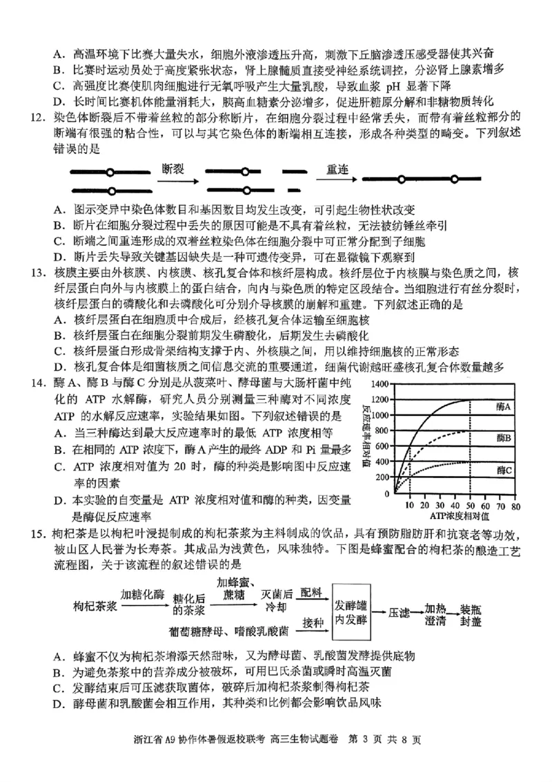 浙江省A9协作体暑假返校联考生物_2025年8月_250828浙江省A9协作体暑假返校联考（全科）