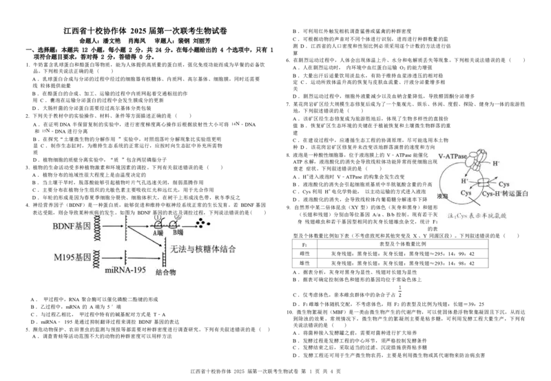 生物试卷_2025年1月_250112江西五市十校联考暨江西省十校协作体2025届高三第一次联考_江西省十校协作体2024-2025学年高三上学期第一次联考生物