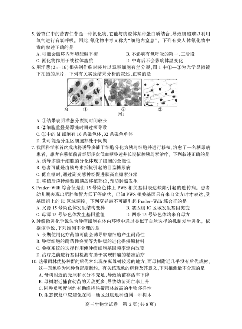 高三生物学_2025年3月_250313湖北省七市州高三年级2025年3月联合统一调研测试（全科）_生物