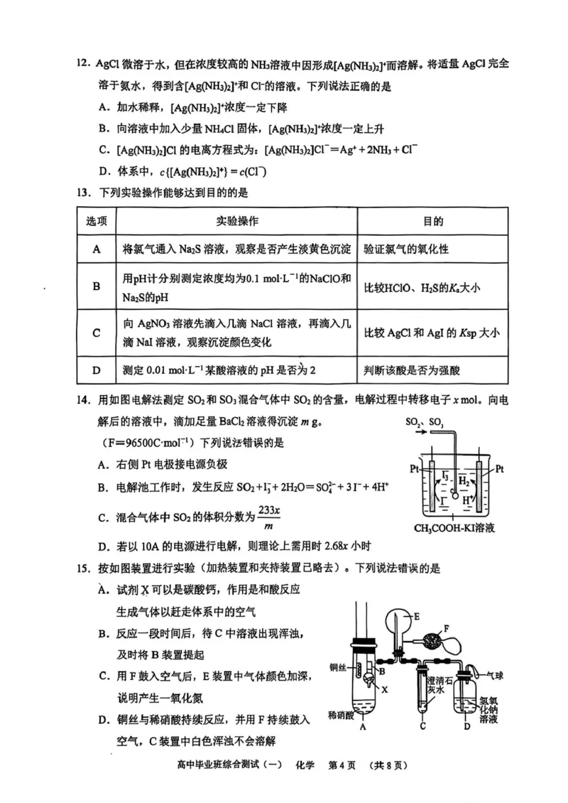 广州天河区2026届高三上学期综合测试（一）化学试题+答案_2025年10月_2510272026届广东省天河区普通高中毕业班综合测试（一）