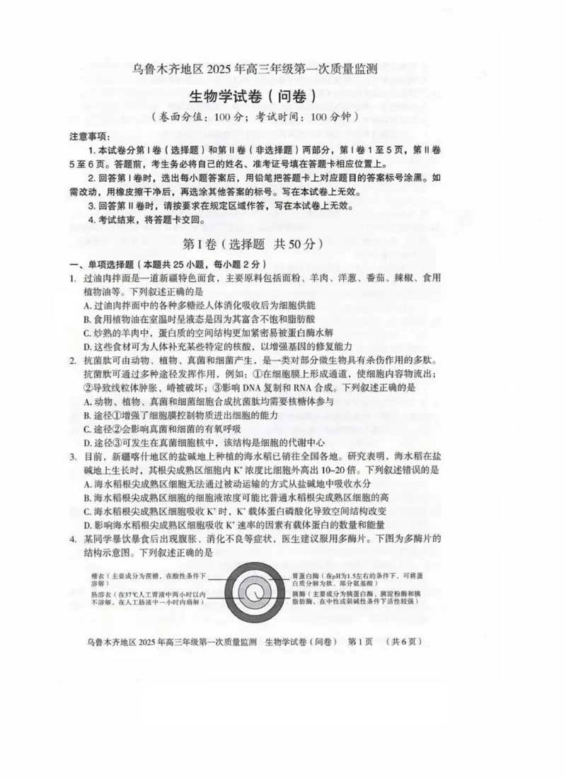 新疆乌鲁木齐地区2025年高三年级第一次质量监测生物_2025年1月_250123新疆乌鲁木齐地区2025年高三年级第一次质量监测