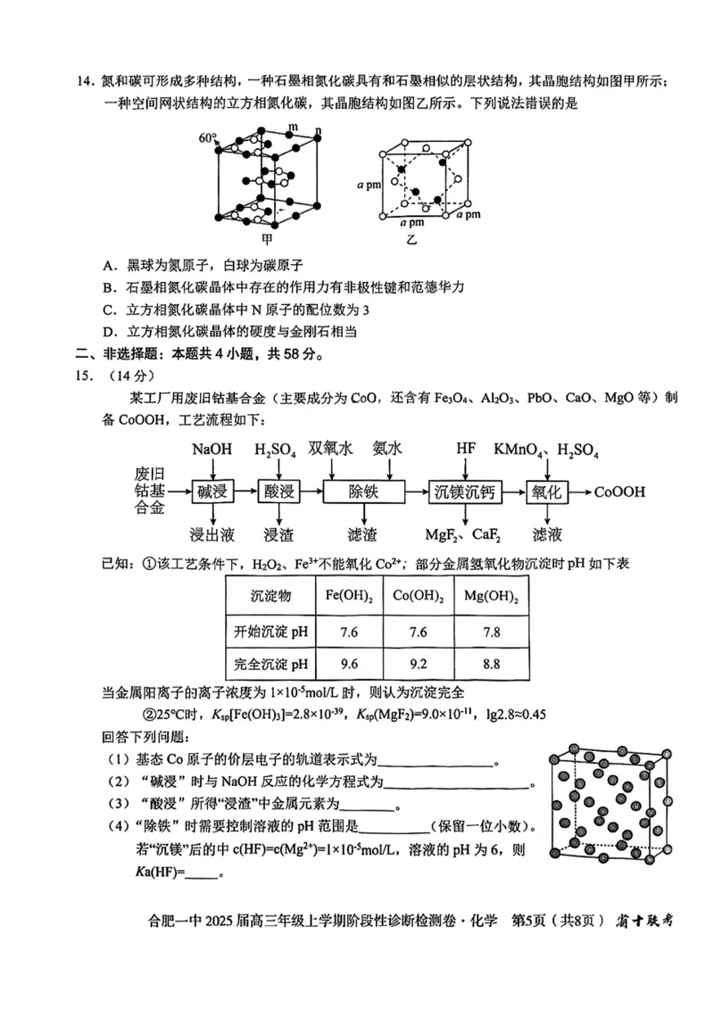 安徽省十联考合肥市第一中学等校2025届高三上学期阶段性诊断检测化学_2025年1月_250102安徽省十联考合肥市第一中学等校2025届高三上学期阶段性诊断检测