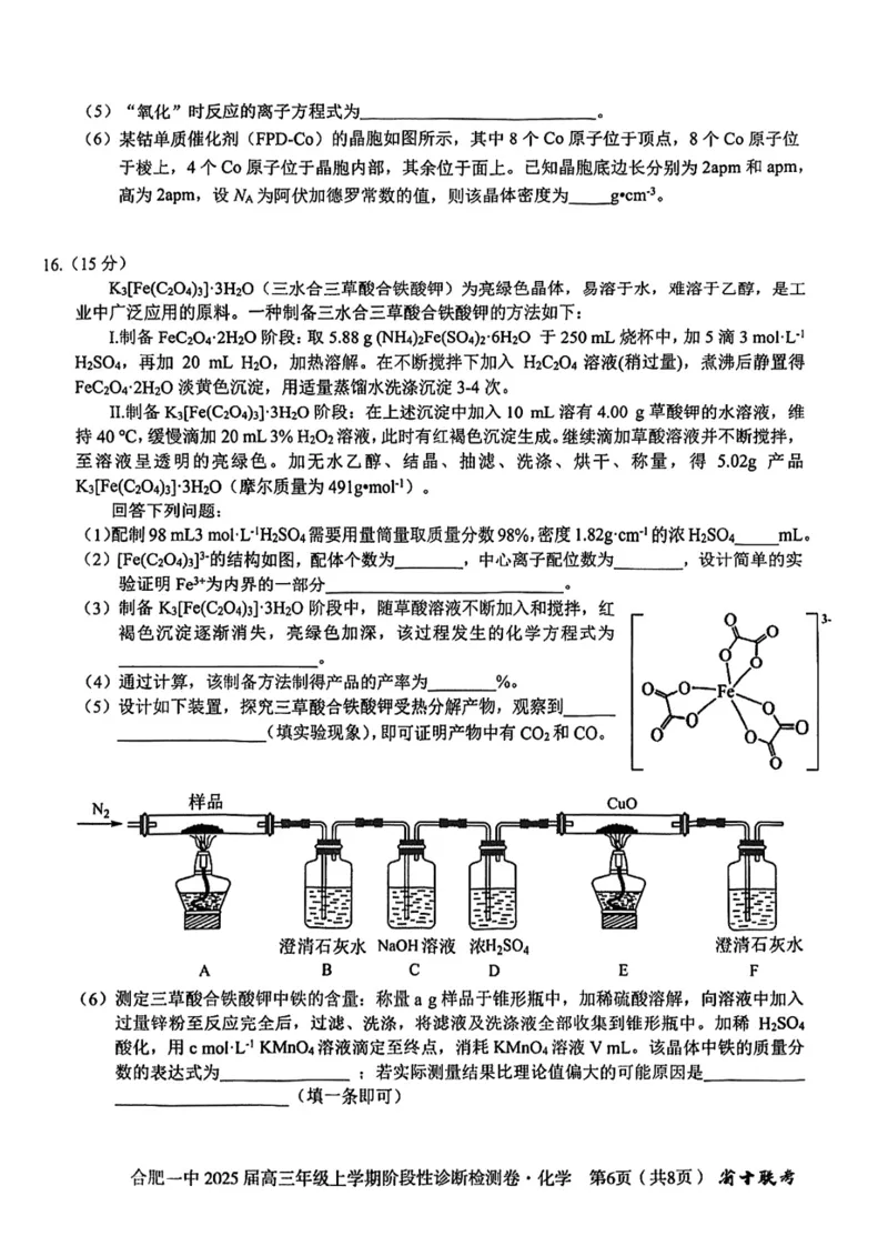 安徽省十联考合肥市第一中学等校2025届高三上学期阶段性诊断检测化学_2025年1月_250102安徽省十联考合肥市第一中学等校2025届高三上学期阶段性诊断检测