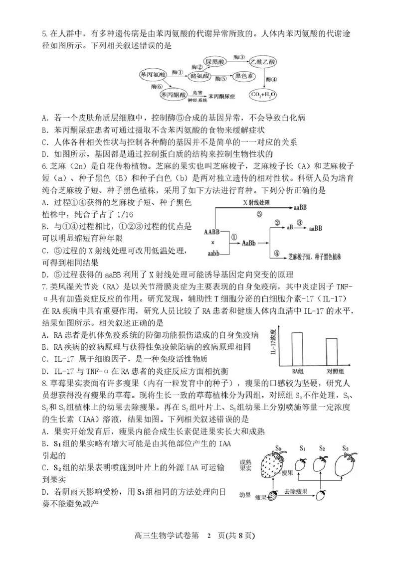 辽宁省丹东市2025届高三下学期3月总复习质量测试（一）生物含答案_2025年4月_250402辽宁省丹东市2025届高三下学期3月总复习质量测试（一）（全科）