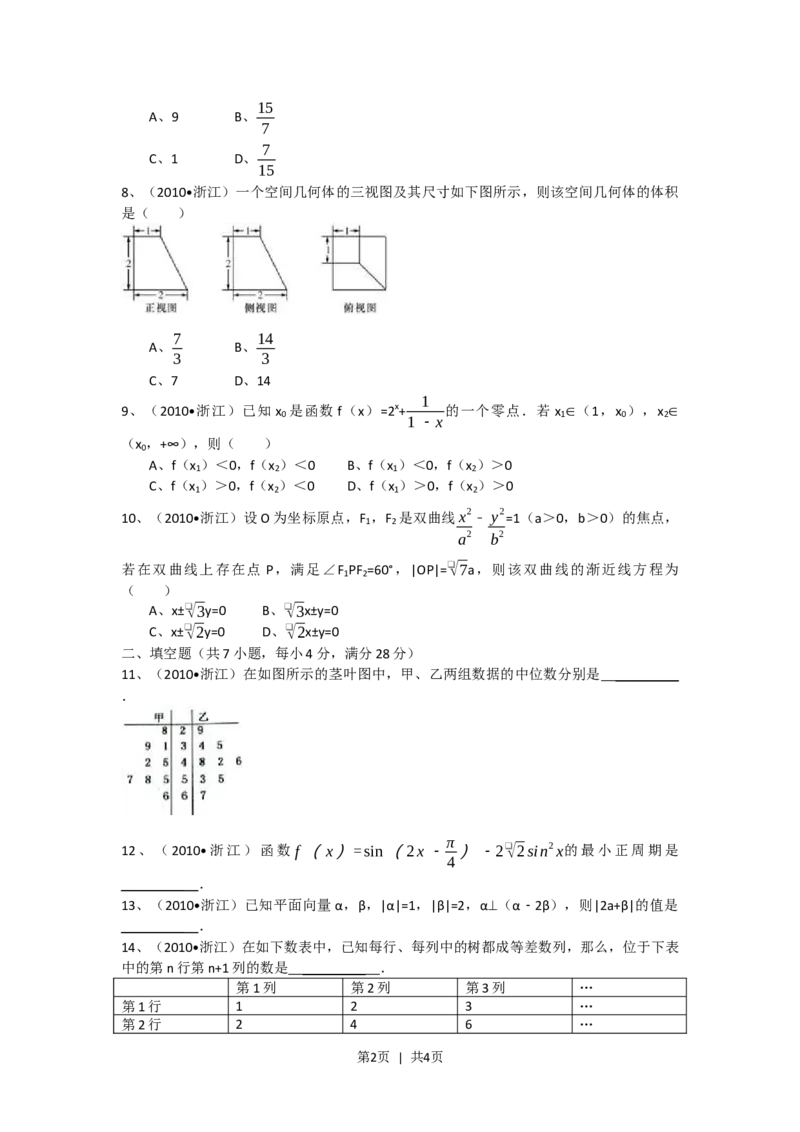 2010年高考数学试卷（文）（浙江）（空白卷）_数学历年高考真题_新&middot;Word版2008-2025&middot;高考数学真题_数学（按试卷类型分类）2008-2025_自主命题卷&middot;数学（2008-2025）