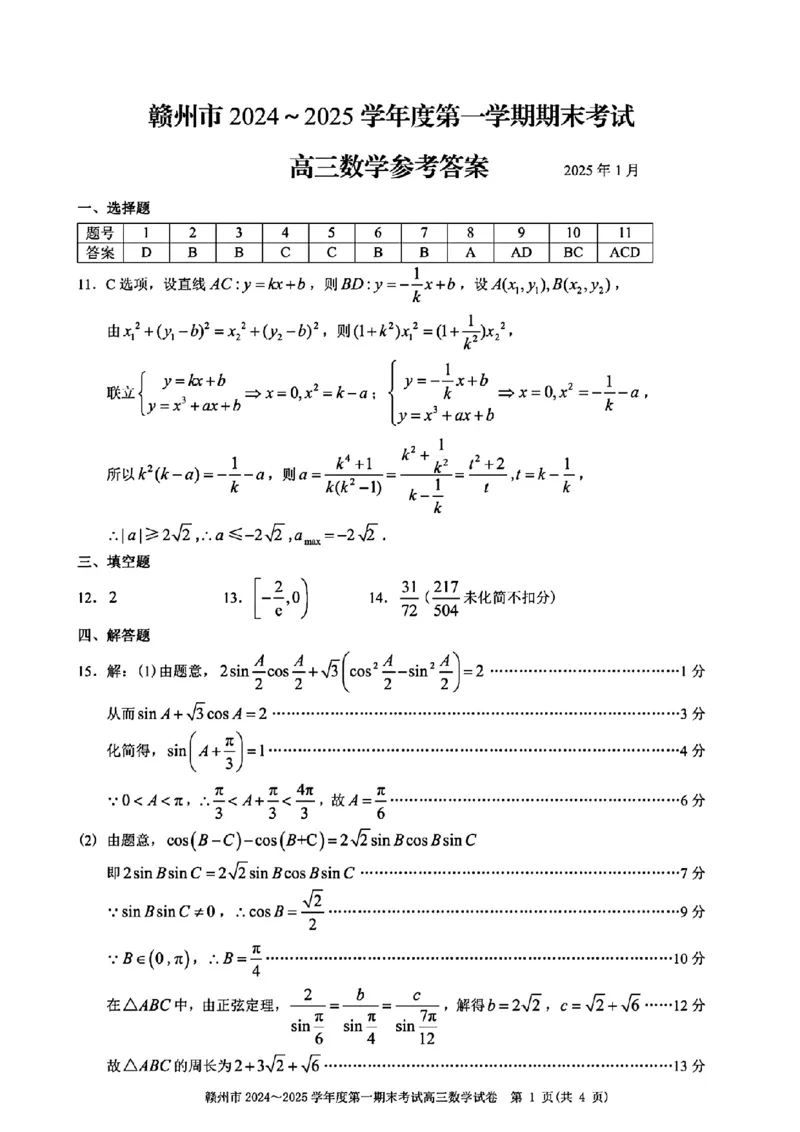 数学试卷答案_2025年1月_250119江西省赣州市2024-2025学年度第一学期高三期末考试（全科）_江西省赣州市2024-2025学年高三上学期1月期末考试数学
