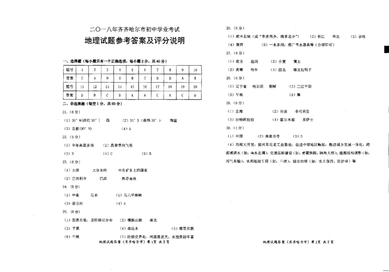 黑龙江省齐齐哈尔市2018年中考地理真题试题（pdf，含答案）_中考真题_9.地理中考真题2015-2024年_2018年全国中考地理110份