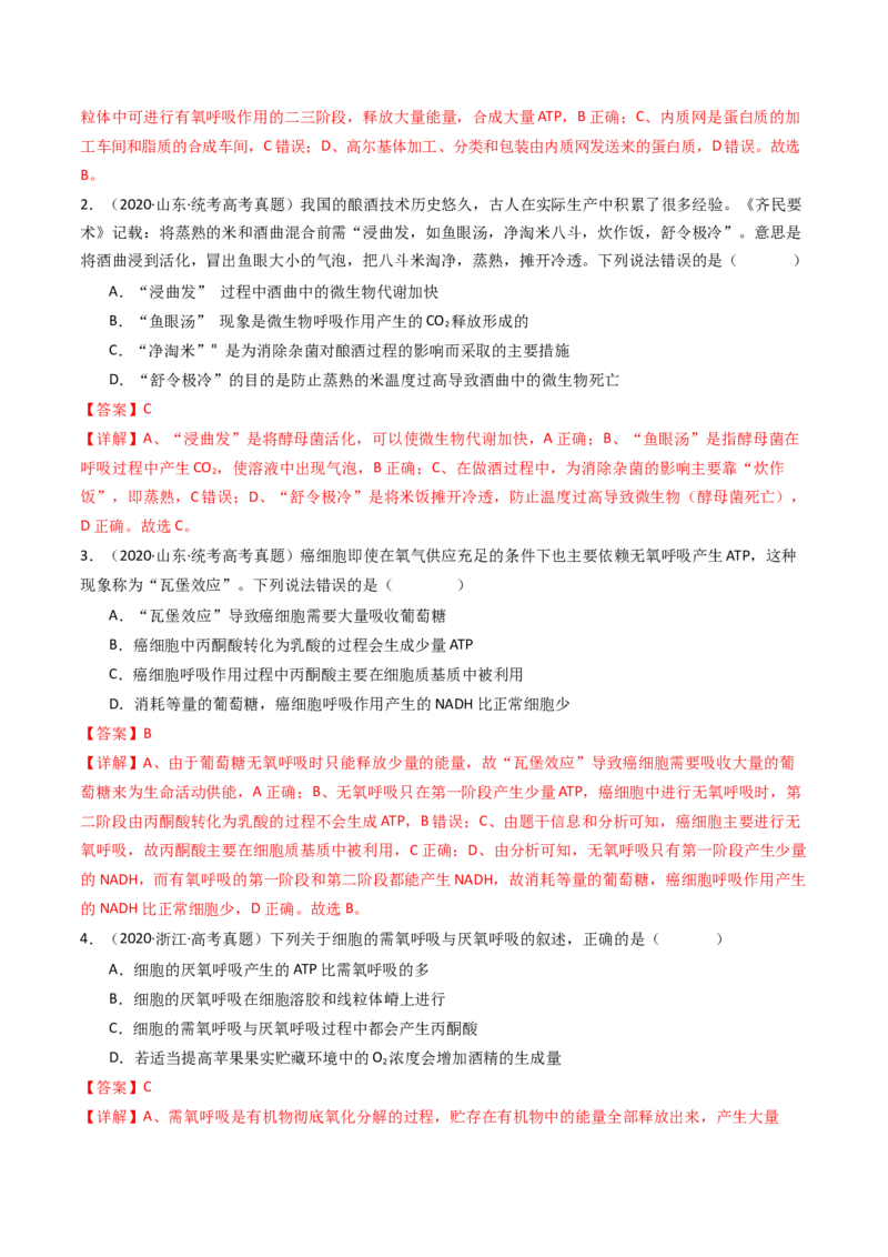 专题05细胞呼吸（解析卷）_近10年高考真题汇编（必刷）_十年（2014-2024）高考生物真题分项汇编（全国通用）_十年（2014-2023）高考生物真题分项汇编（全国通用）
