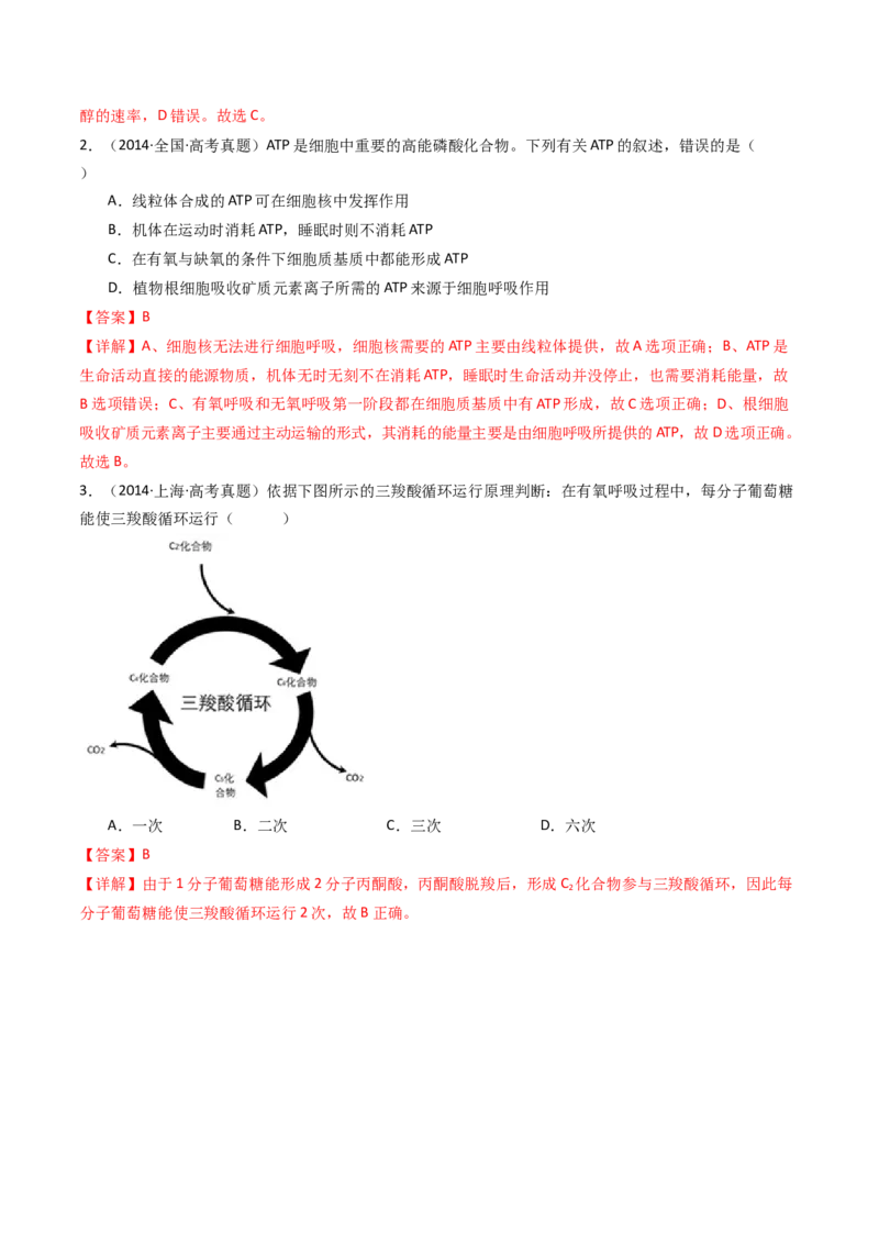 专题05细胞呼吸（解析卷）_近10年高考真题汇编（必刷）_十年（2014-2024）高考生物真题分项汇编（全国通用）_十年（2014-2023）高考生物真题分项汇编（全国通用）