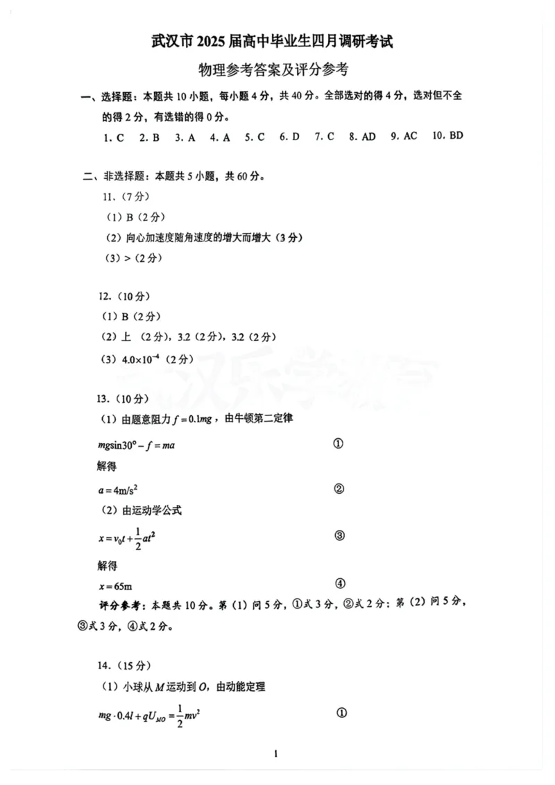 湖北省武汉市2025届高中毕业生四月调研考试物理答案_2025年4月_250418湖北省武汉市2025届高中毕业生四月调研考试（全科）_湖北省武汉市2025届高中毕业生四月调研考试物理