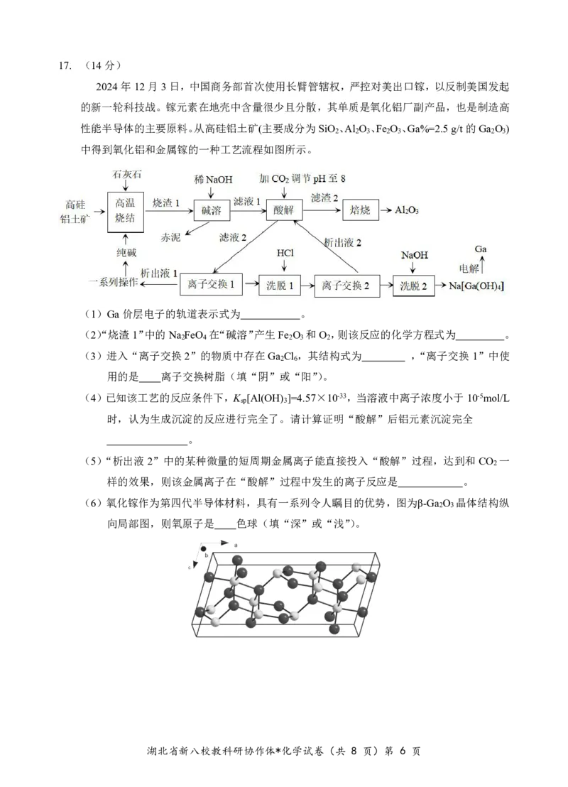 新八校高三化学试卷_2025年2月_2502082025年湖北省新八校协作体高三2月联考（全科）_化学