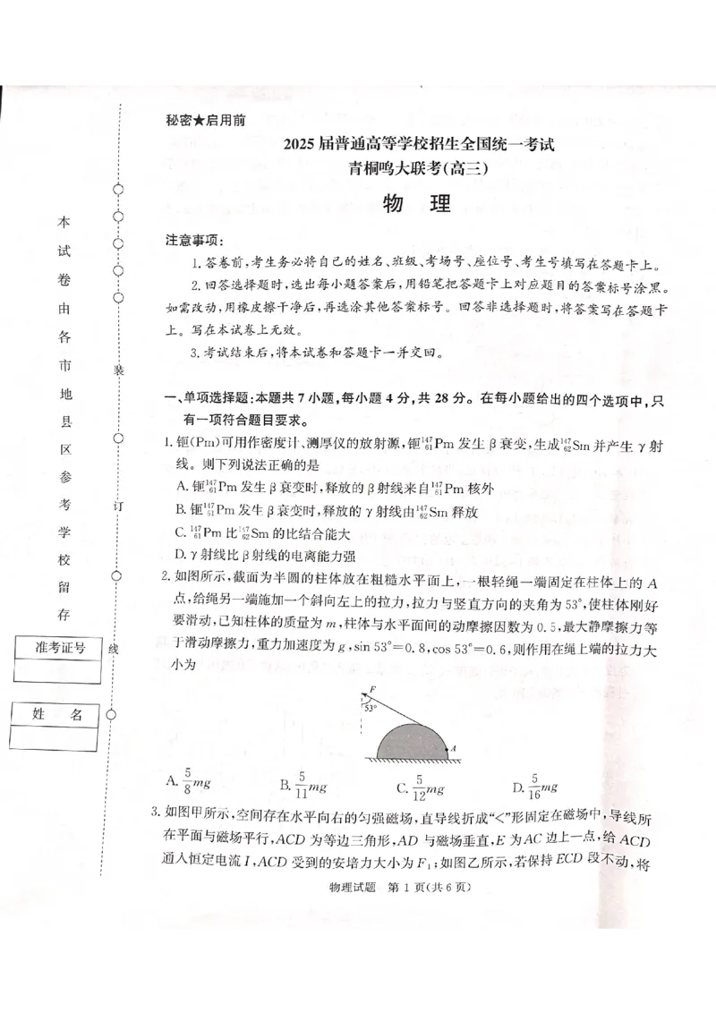 物理_2025年5月_2505112025届高三下学期5月青桐鸣大联考_2025届高三下学期5月青桐鸣大联考物理