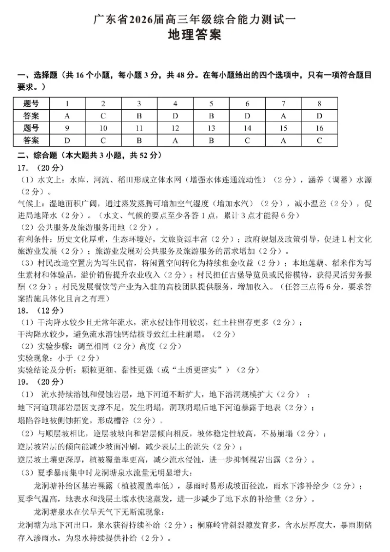 地理试卷答案_2025年8月_250830广东省光大联考2025-2026学年高三上学期综合能力测试（一）（全科）_广东省光大联考2025-2026学年高三上学期综合能力测试（一）地理