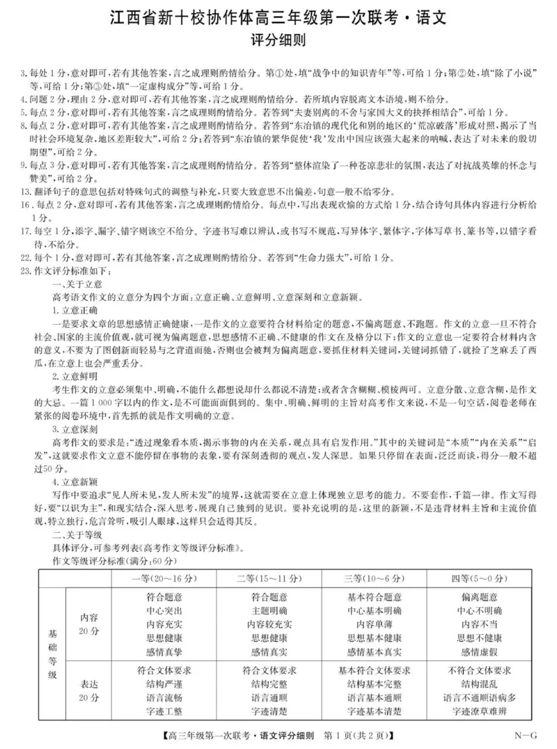 语文评分细则-高三第一次联考（NG）_2025年10月_251015江西省九师联盟新十校协作体2025-2026学年高三上学期第一次联考