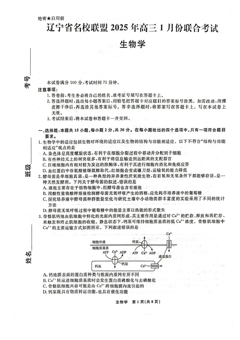 辽宁省名校联盟2024-2025学年高三上学期1月联合考试生物试题_2025年1月_250116辽宁省名校联盟2024-2025学年高三上学期1月份联合考试（全科）