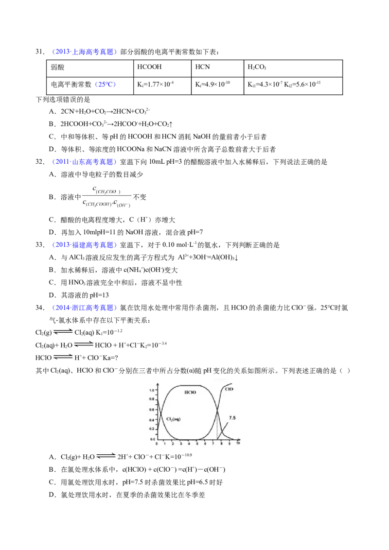 专题58弱电解质的电离（原卷卷）_近10年高考真题汇编（必刷）_十年（2014-2024）高考化学真题分项汇编（全国通用）_十年（2014-2023）高考化学真题分项汇编（全国通用）