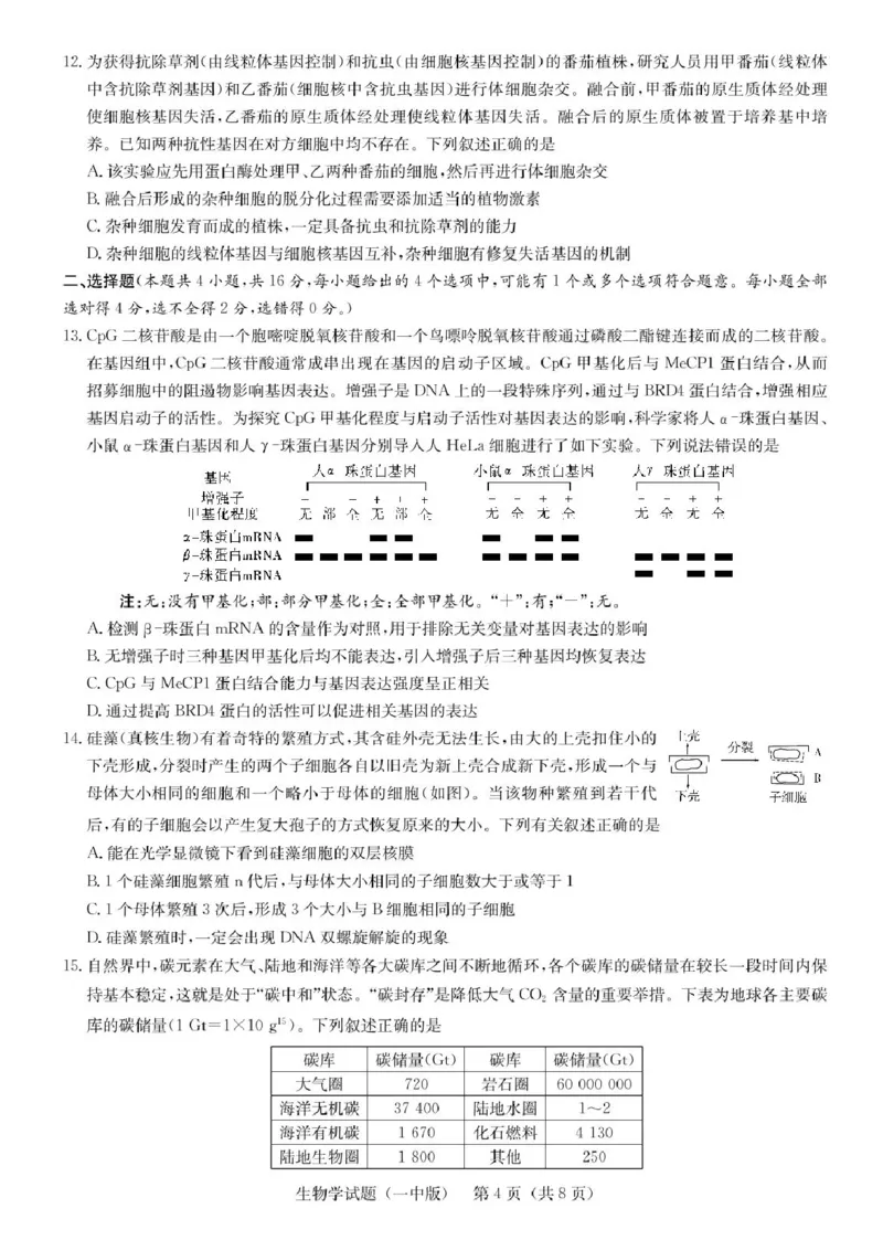 湖南省2025届长沙市第一中学高三下学期模拟考试（二）生物（含答案）_2025年5月_250523湖南省长沙市第一中学2025届高三下学期模拟考试（二）（全科）