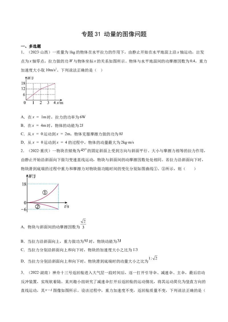 专题31动量的图像问题（学生卷）-十年（2014-2023）高考物理真题分项汇编（全国通用）_近10年高考真题汇编（必刷）_十年（2014-2024）高考物理真题分项汇编（全国通用）