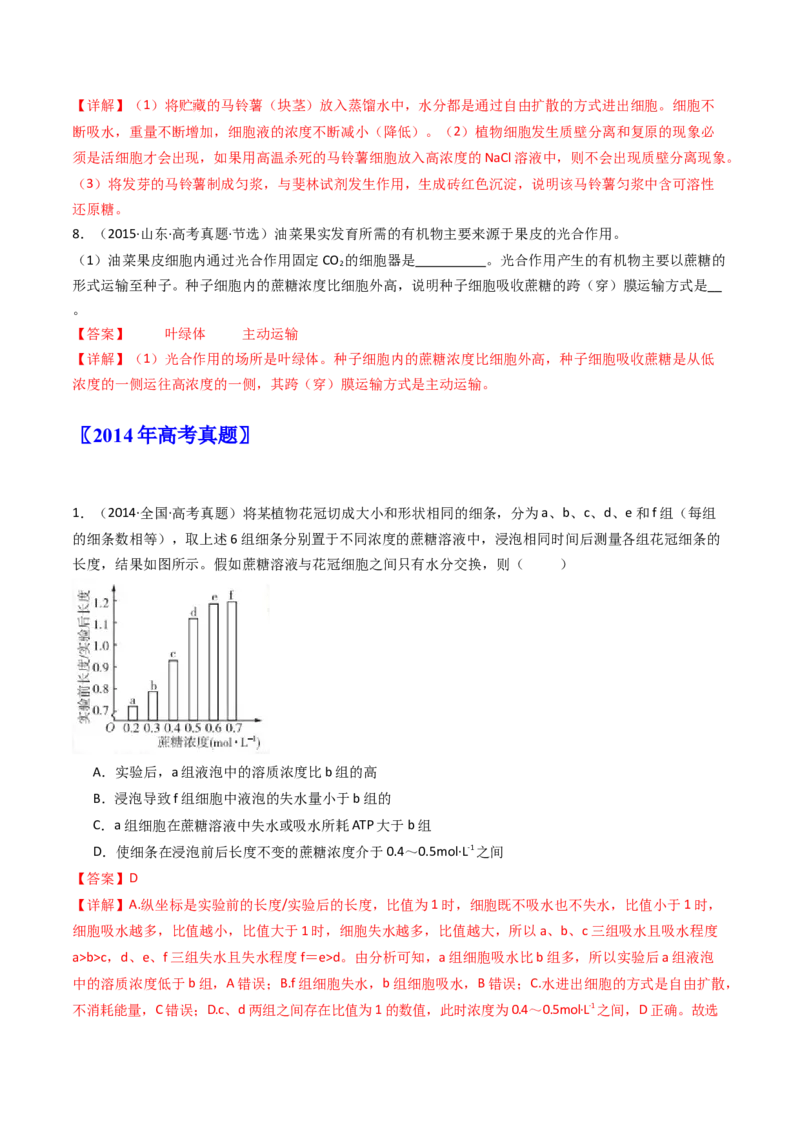 专题03物质运输（解析卷）_近10年高考真题汇编（必刷）_十年（2014-2024）高考生物真题分项汇编（全国通用）_十年（2014-2023）高考生物真题分项汇编（全国通用）