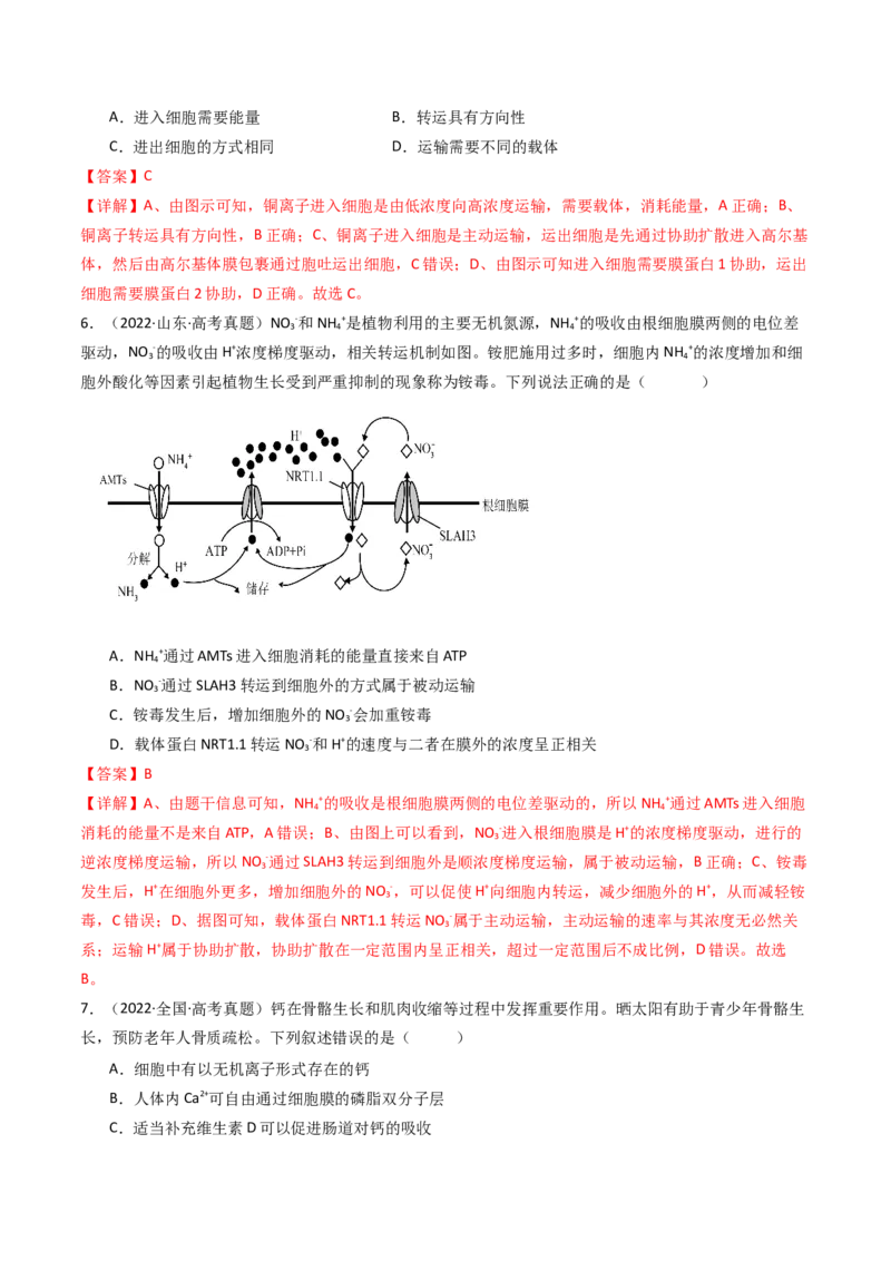 专题03物质运输（解析卷）_近10年高考真题汇编（必刷）_十年（2014-2024）高考生物真题分项汇编（全国通用）_十年（2014-2023）高考生物真题分项汇编（全国通用）