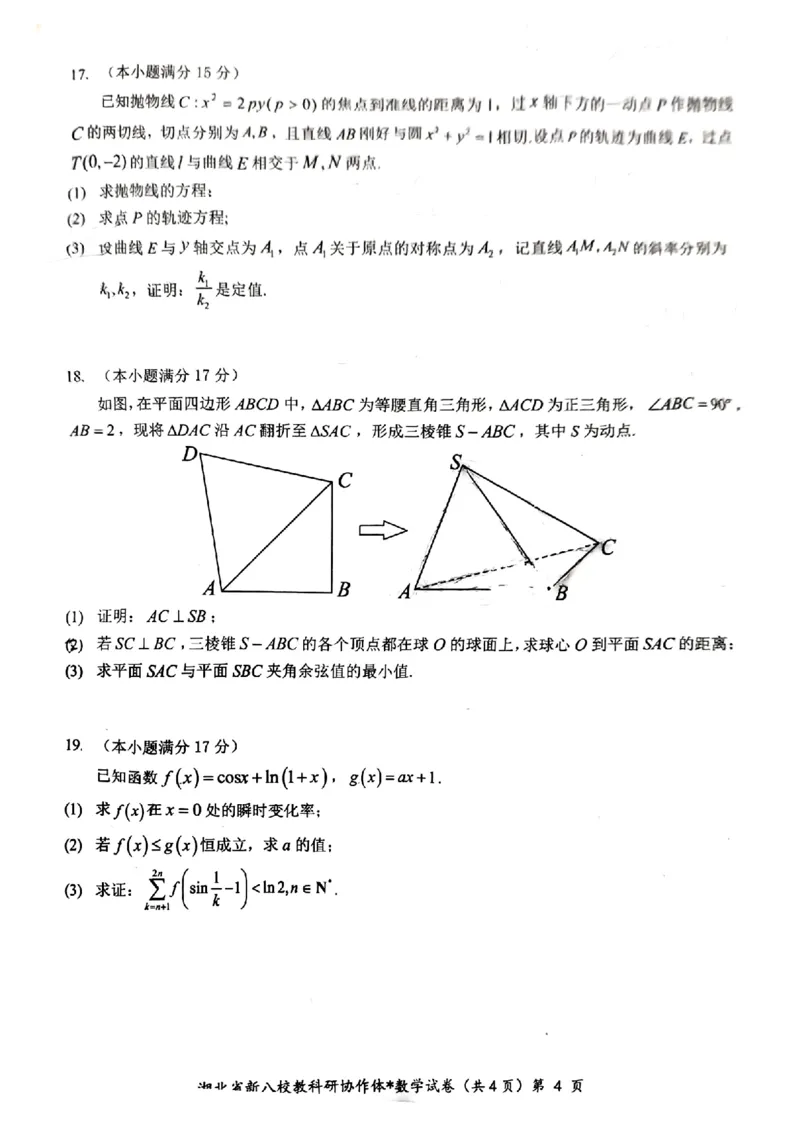 新八校协作体数学试卷_2025年2月_2502082025年湖北省新八校协作体高三2月联考（全科）