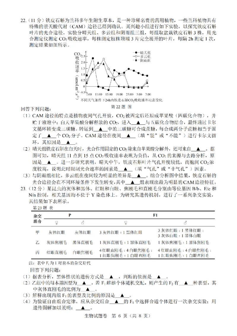 温州市普通高中2026届高三第一次适应性考试生物_2025年11月_251122浙江温州一模浙江省温州市普通高中2026届高三第一次适应性考试（全科）
