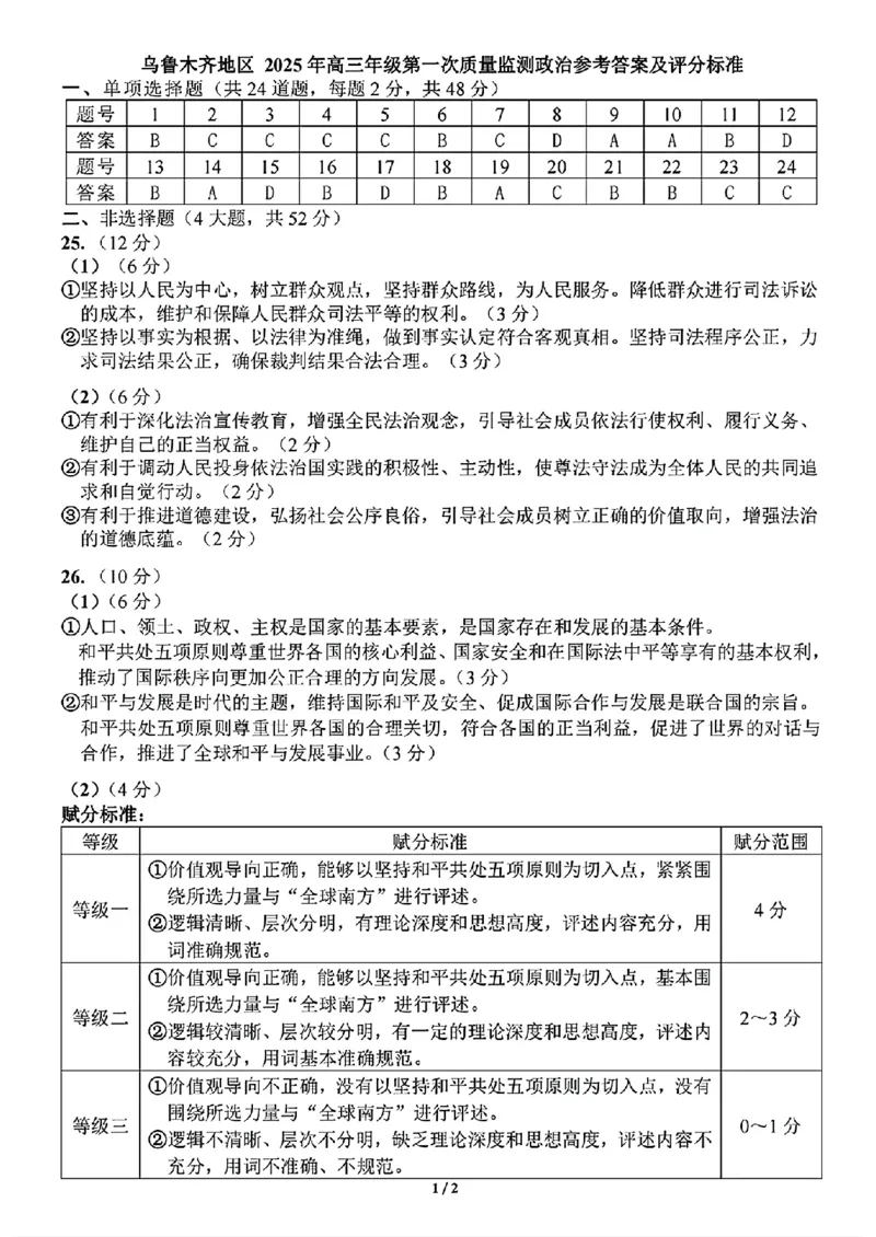新疆乌鲁木齐地区2025年高三年级第一次质量监测政治+答案_2025年1月_250123新疆乌鲁木齐地区2025年高三年级第一次质量监测