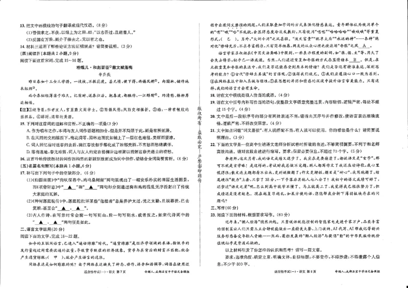 成都石室中学2024-2025学年度下期高2025届适应性考试（一)语文_2025年5月_250523四川省成都石室中学2024-2025学年度下期高2025届适应性考试（一）（全科）