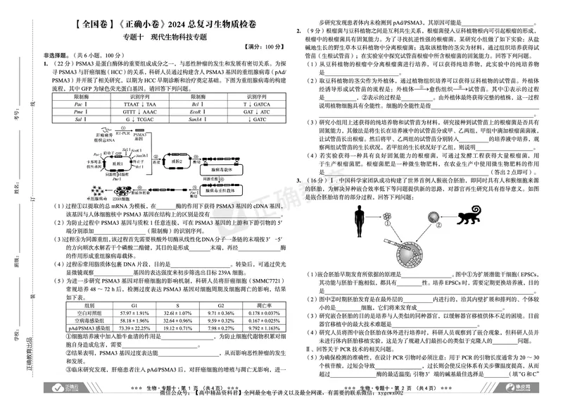 全国卷《正确小卷》2024总复习生物质检卷2_2024高考押题卷_72024正确教育全系列_2024年正确小卷全系列_（全国版）2024《正确小卷&middot;复习质检卷》（九科全）各两套