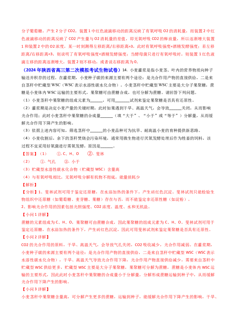 专题05光合作用与细胞呼吸-2024年高考真题和模拟题生物分类汇编（教师卷）_近10年高考真题汇编（必刷）_十年（2014-2024）高考生物真题分项汇编（全国通用）